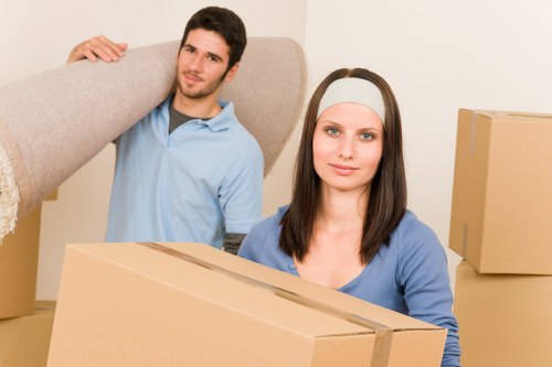 Furniture and boxes prepared for transport by removal van