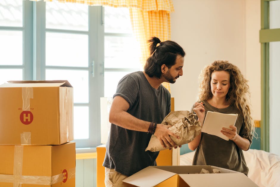A woman with curly hair tied back in a bun is seated at a table inside a well-lit room, surrounded by cardboard boxes used for house packing and moving. She is wearing a dark green sweatshirt and is w